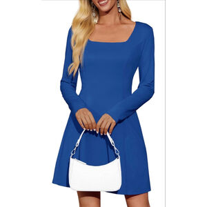 NEW Blue Long Sleeve Square Neck A Line Casual Mini Dress M